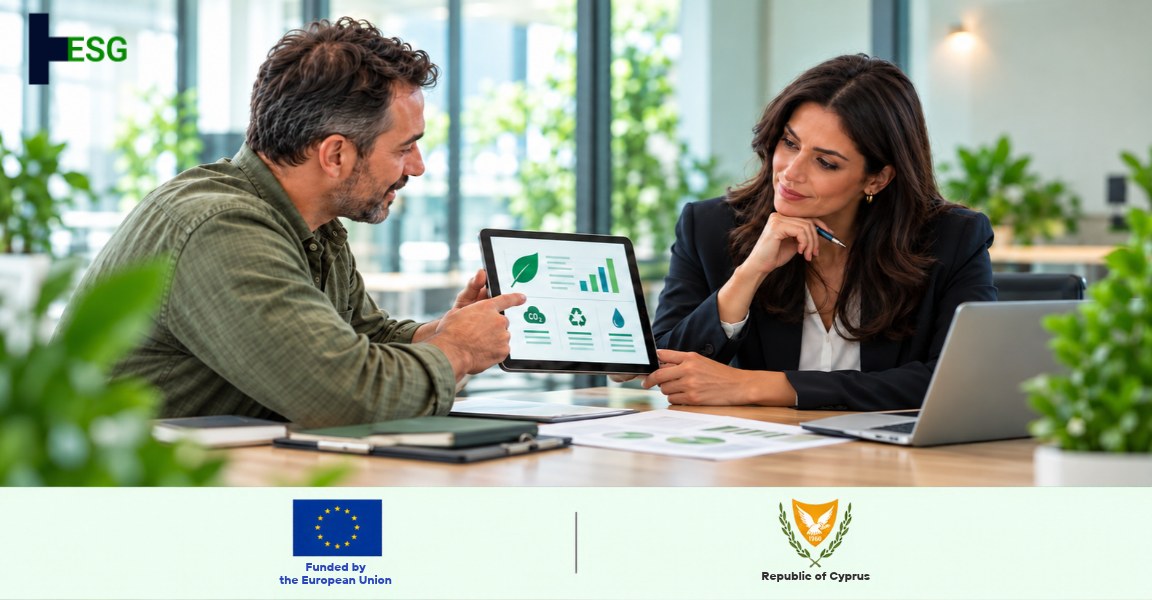 A business owner showing ESG data and charts on a tablet to a bank advisor during a meeting