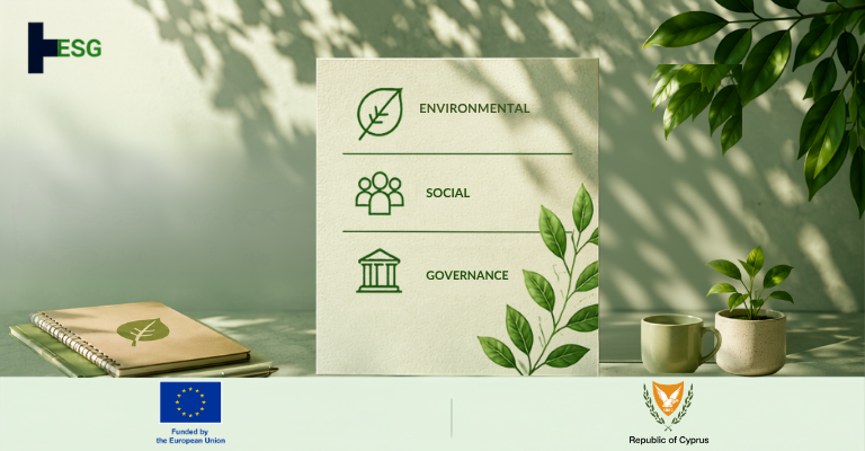 Poster listing the three ESG pillars, environmental, social and governance, on an office desk