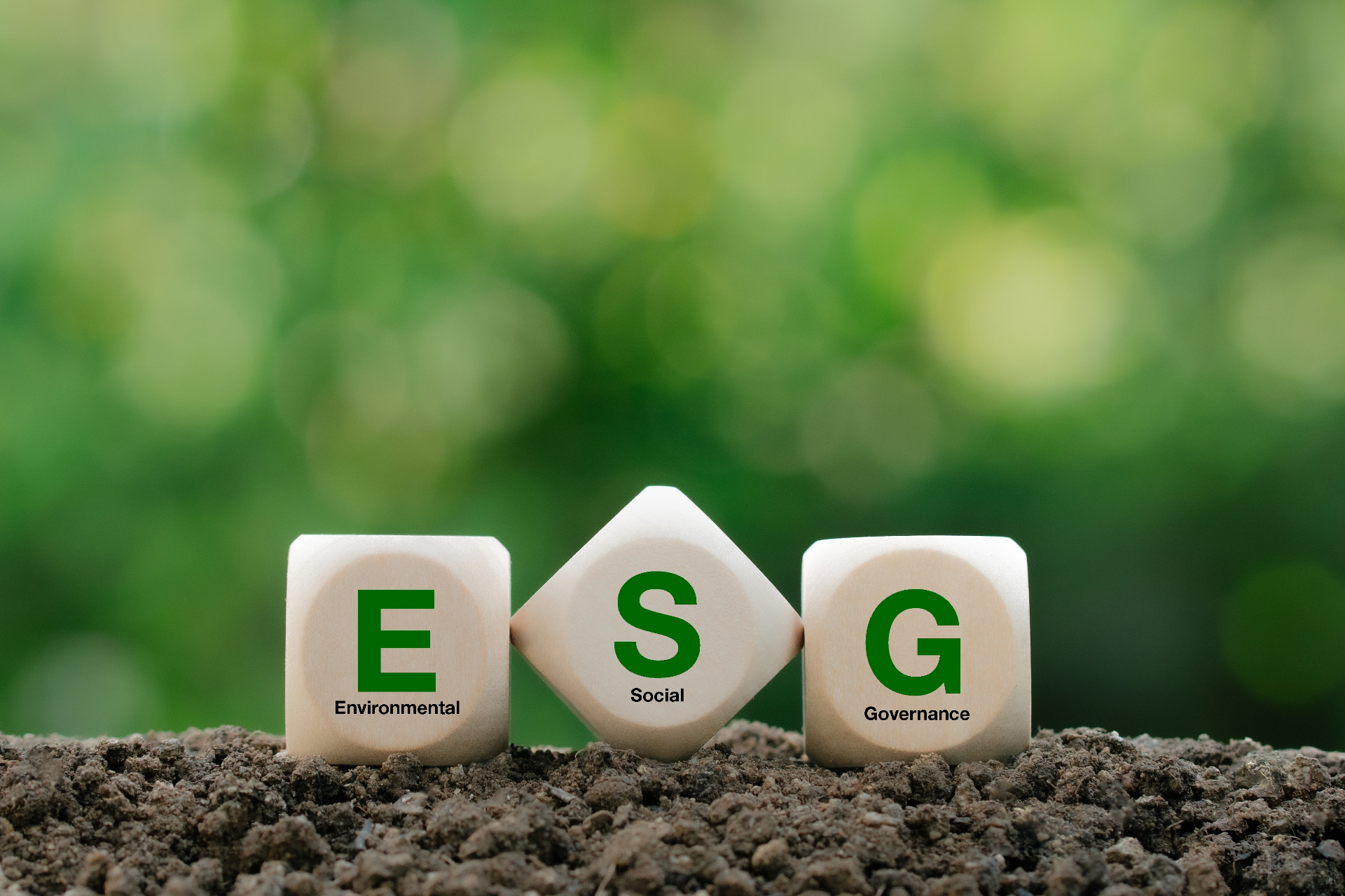 ESG blocks representing Environmental, Social and Governance on soil with green background