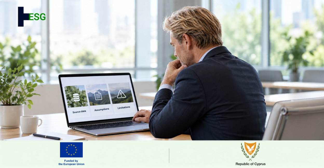 A person at a desk reviewing an ESG assessment on a laptop that shows source data, assumptions and limitations